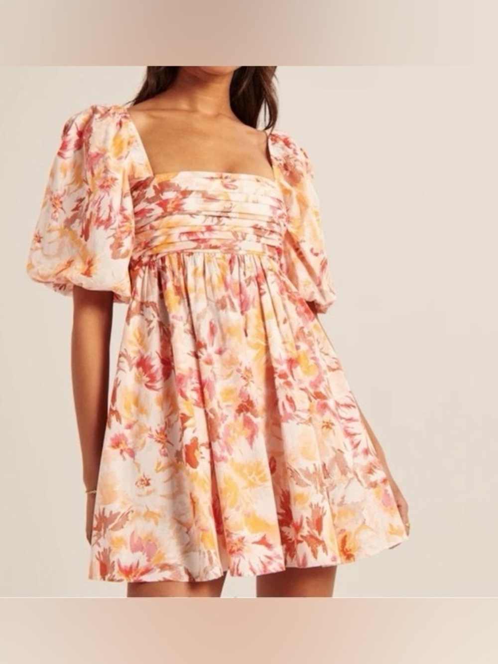 Abercrombie & Fitch Floral Puff-Sleeve Mini Dress in Pink, Orange & Brown